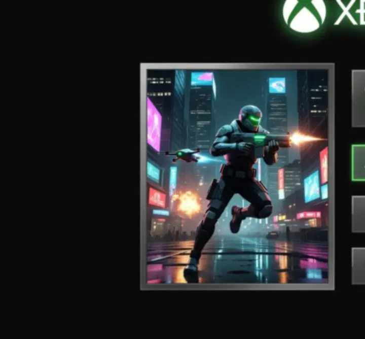 Kinowa okładka gry akcji na Xbox z neonowym, zielonym podświetleniem