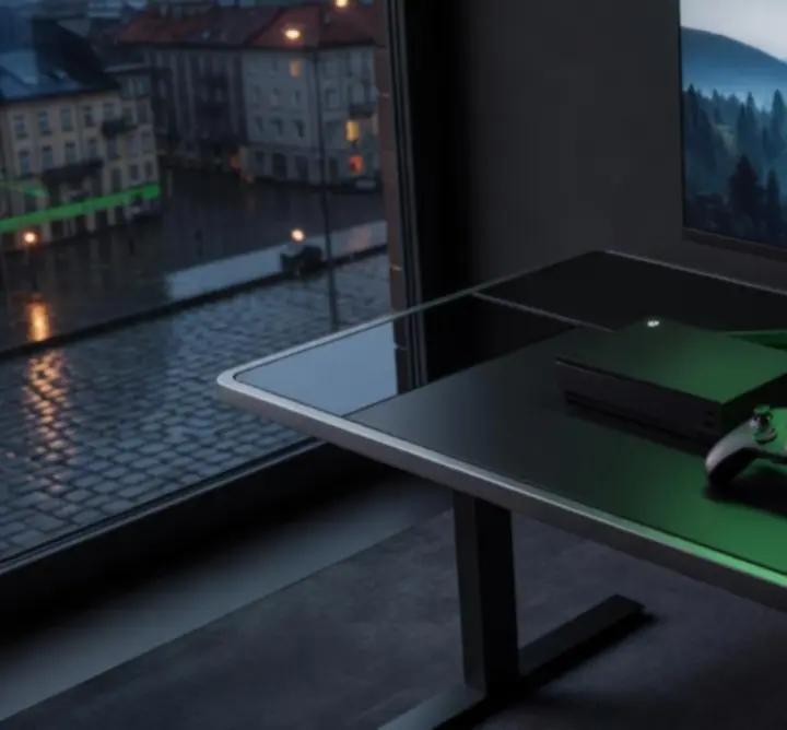 Ciemne, neonowe tło w klimacie Xbox z ekranami prezentującymi gry