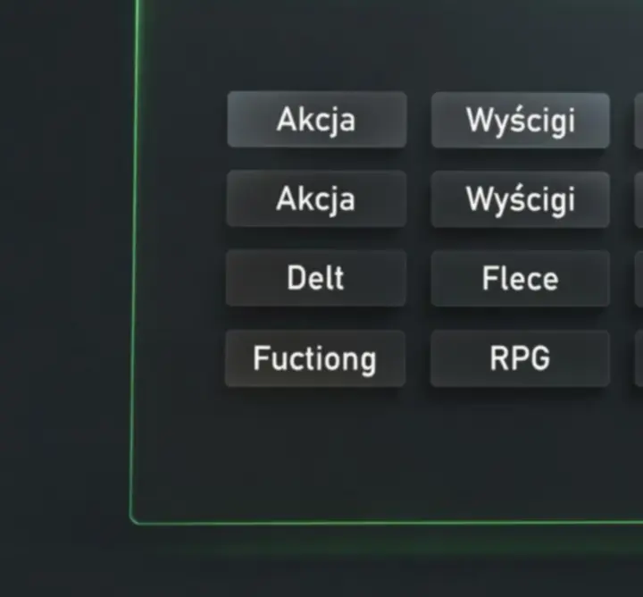 Panel kategorii gier Xbox z gatunkami akcji, wyścigów, RPG, sportowymi i multiplayer