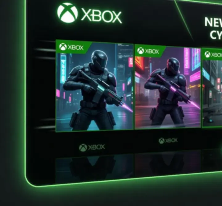 Neonowe okładki najnowszych gier Xbox ułożone w poziomy pasek