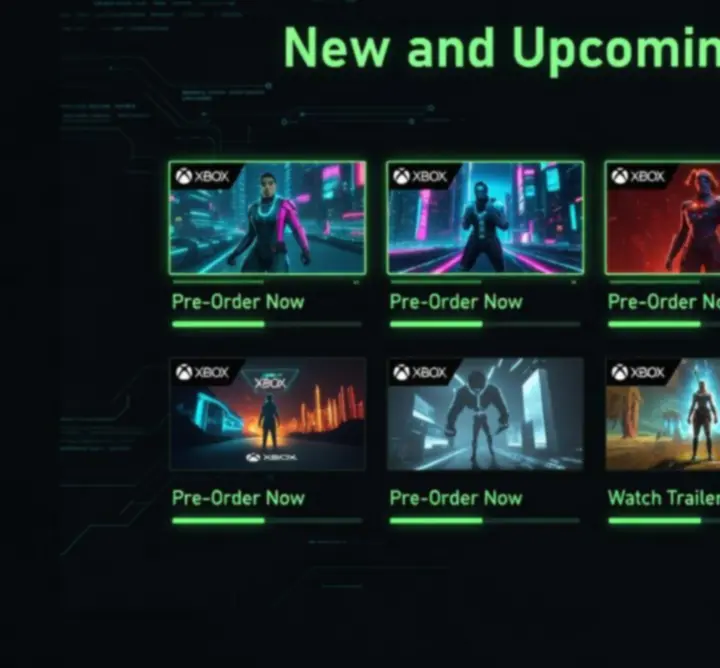 Lista nowych gier Xbox w ciemnym, neonowym interfejsie sklepu Polvar Scene.