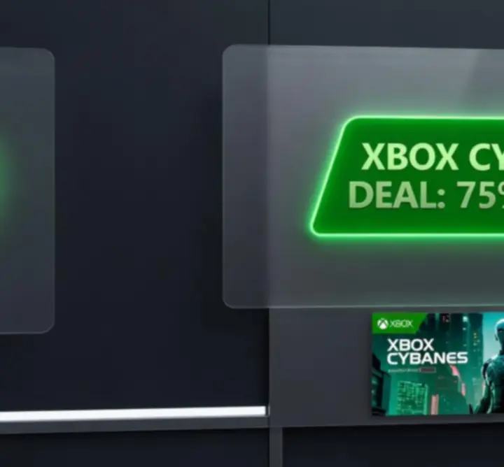 Promocyjny baner cybernetyczny z neonową zielenią prezentujący wyprzedaże gier Xbox w Polvar Scene.