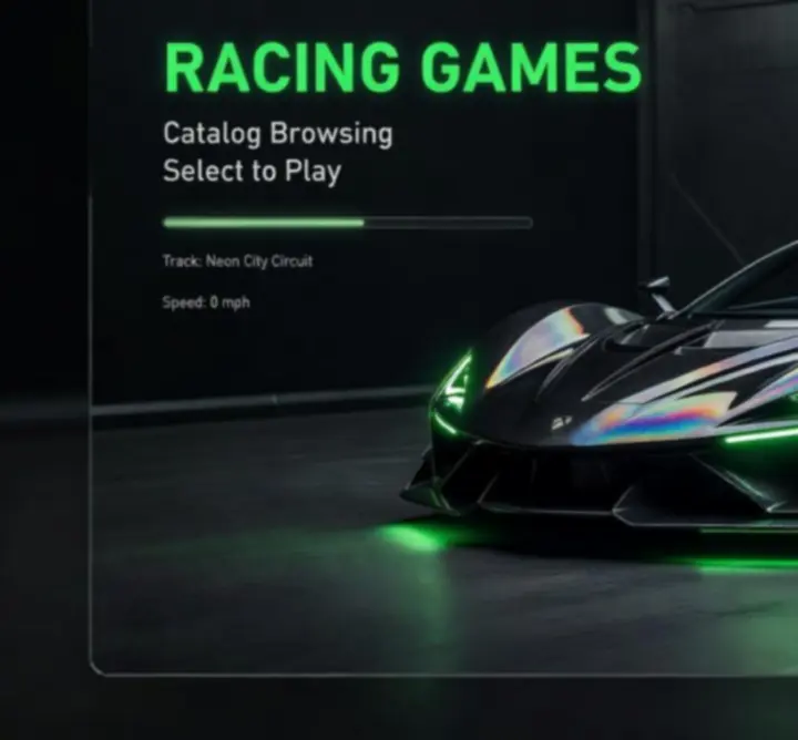 Widok futurystycznego samochodu wyścigowego na neonowym torze w klimacie Xbox