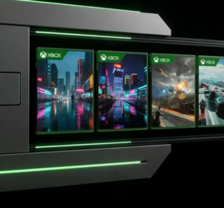 Cinematiczna okładka gry akcji na Xbox z neonową zielenią