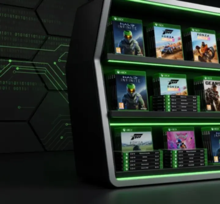 Kinowa kompozycja okładek gier Xbox w neonowej stylistyce