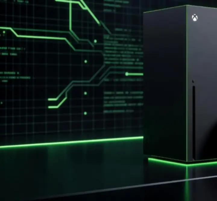 Ciemne, cybernetyczne tło inspirowane Xbox z neonową zielenią, symbolizujące cyfrowy sklep z grami Polvar Scene.