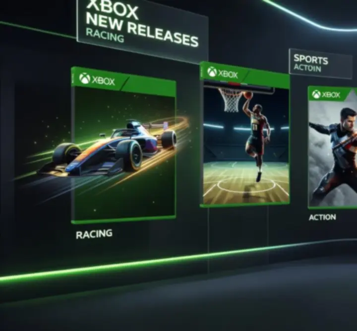 Kinowa grafika prezentująca nowe gry Xbox w katalogu Polvar Scene
