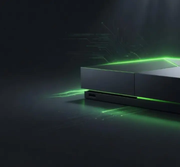 Kinowy, neonowy baner Xbox prezentujący gry w sklepie Polvar Scene